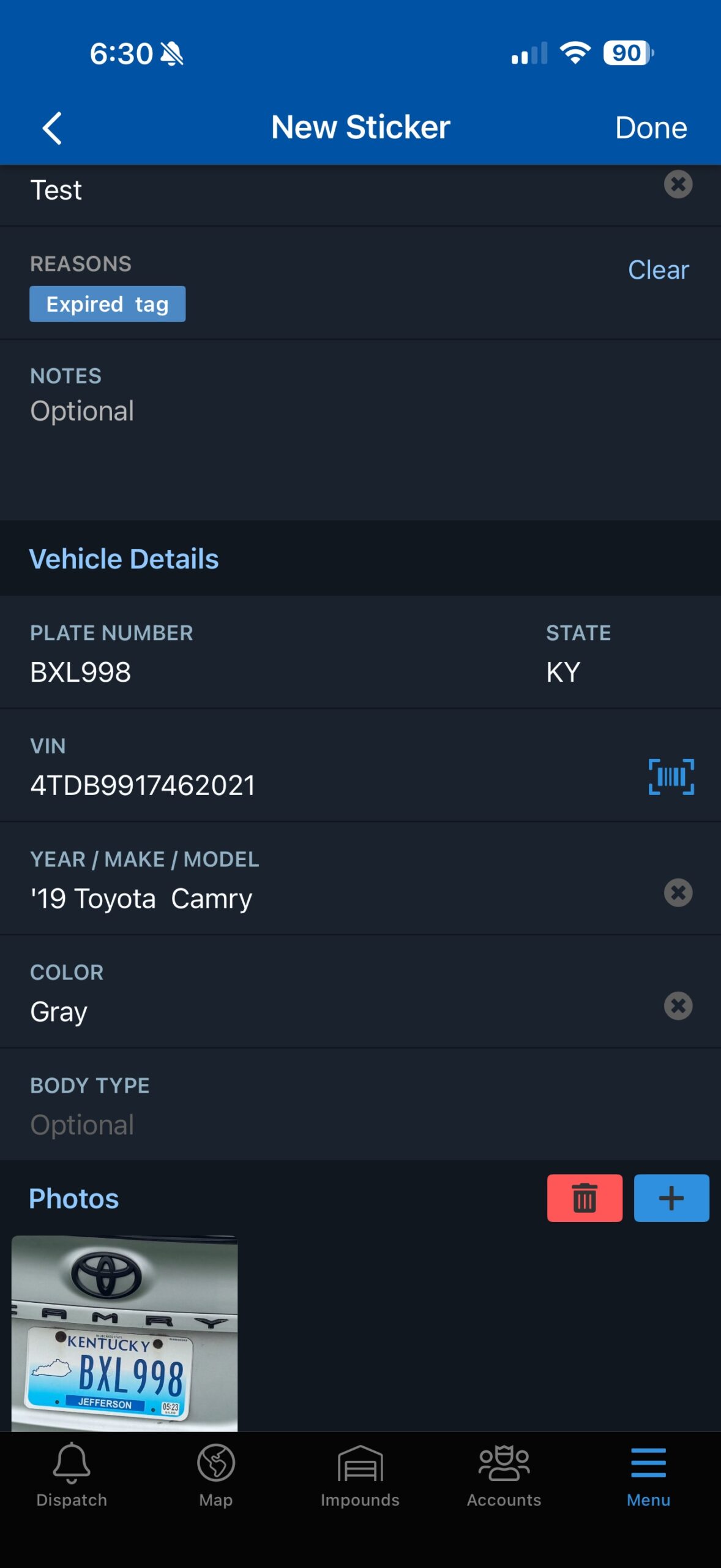 Towbook towing documentation screen